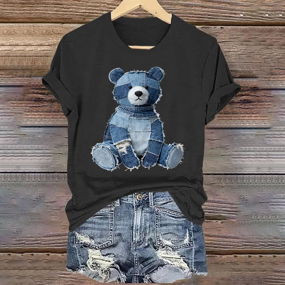 Qulqfy Womens Tshirt Cute Bear Print Black Short Sleeve Shirts Spring Summer Crew Neck Tees L