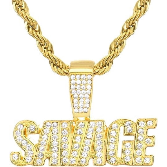 Hip Hop Iced Gold Plated GOAT Sign Words SAVAGE Pendant 20" Rope Chain HC 1195 G