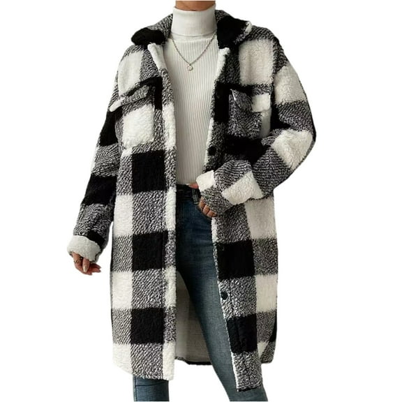 CharmCyan Long Sleeve Button Down Plaid Sherpa Fleece Coat for Women Casual Loose Fit Lapel Collar Outerwear Jacket Black L