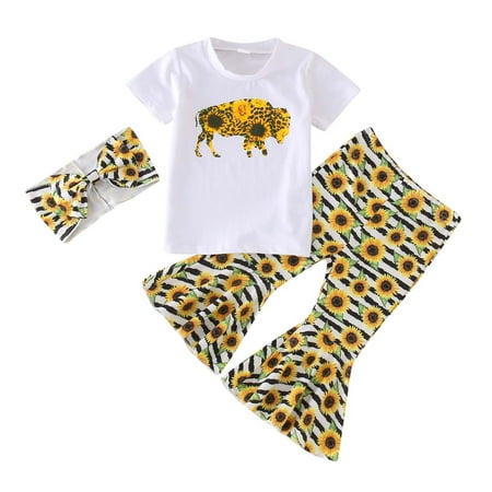 

Toddler Girls Short Sleeve Sunflower Cartoon Printed T-Shirt Pullover Tops Bell Bottoms Pants Kids Outfits Child Leisure Outwear