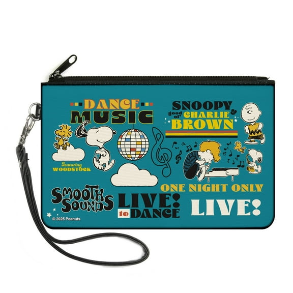 Peanuts Wallet, Zip Clutch, Peanuts Gang Dance Music Poses and Quotes Blue Multi Color, Canvas