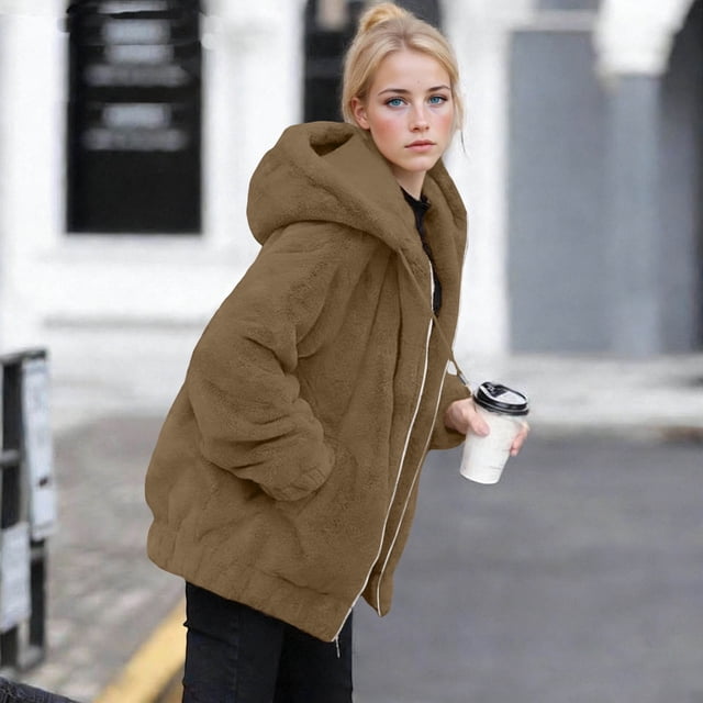 TaTaai Plush Lined Hooded Coat for Women, Winter Warm Fleece Jacket with Long Sleeves, Cozy Loose Fit Outerwear for Holiday Season Gift