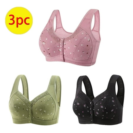 WCMZJ 3 Pack Daisy Bras for Women No Underwire Front Closure Comfort Senior Wireless Snap Closing Bra Plus Size Push up Bracieres Breathable Bra
