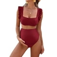 thumbnail image 3 of Deago Maternity High Waist Bikini Set Swimsuit Two Piece Ruffle Sleeve Cute Bathing Suit Ruched Pregnancy Swimwear (Red, L), 3 of 10
