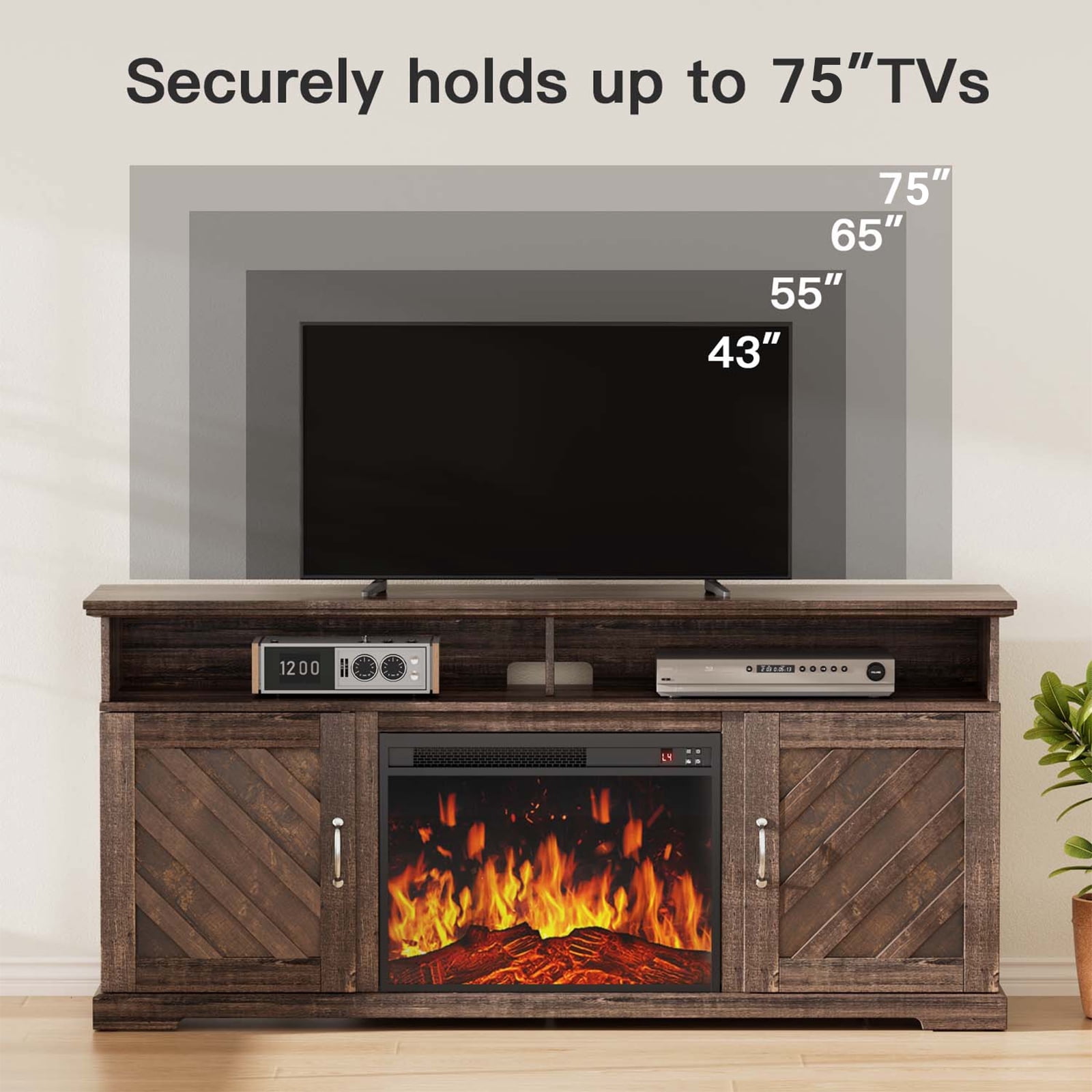 CHITOOMA Electric Fireplace TV Stand for 65 70 75 inch TV with Remote Control, Farmhouse Entertainment Center with 23″ Fireplace for Living Room, Bedroom,Vintage Brown
