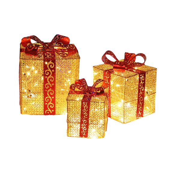 3 cajas de regalo navideñas iluminadas con adornos navideños brillantes para chimenea. oro y rojo