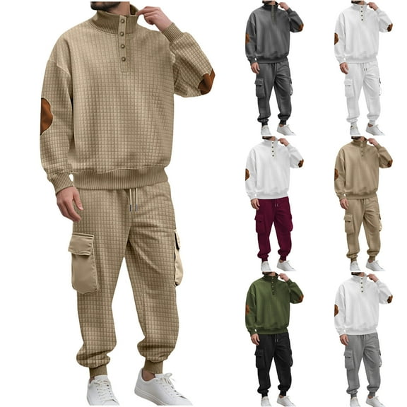 FRSASU Mens 2 Piece Solid Color Outfits Casual Lapel Button Jacquard Long Sleeve Shirts and Pants Matching Set Sweatsuit White