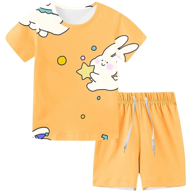 ¡Liquidación de verano! Pantalones cortos Honeeladyy de manga corta para niños con cordón ajustable, estampados para el hogar, conjunto deportivo de verano de dos piezas para hombre y mujer (naranja,