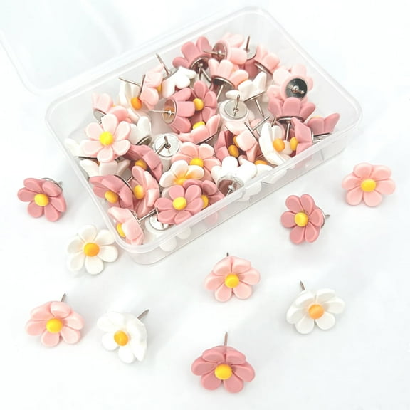 50 Pcs Boxed Pink White Flower Push Pins, Decorative Cute Wall Thumb Tacks for Cork Board, Bulletin Board, Hanging Photo Poster, Office Supplies