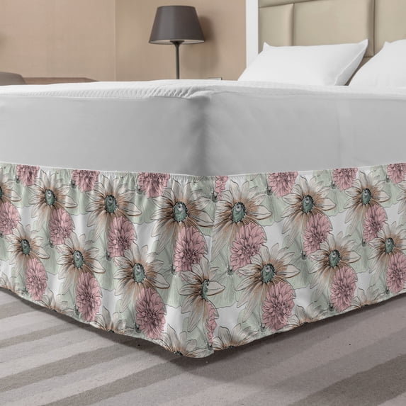 Floral Bed Skirt, Close Up Scene of Sketchy Pencil Drawn Like Blossoms Endemic Flowers Garden, Elastic Bedskirt Dust Ruffle Wrap Around for Bedding Decor, 4 Sizes, White Multicolor, by Ambesonne