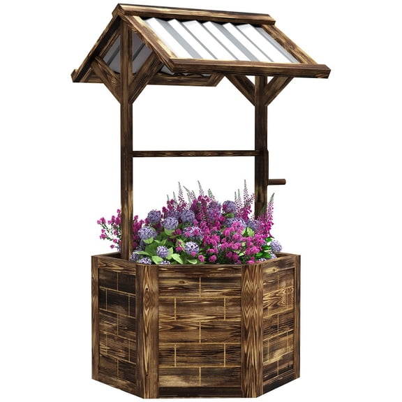 Tan Wooden Wishing Well Planter Hexagon Raised Garden Bed with Galvanized Canopy