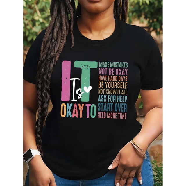 Women's "It's OK to Make Mistakes" Inspirational Print T-Shirt - Casual Crew Neck, Short Sleeve, Polyester, Machine Washable, Black with Colorful Text Design, Ladies T Shirts
