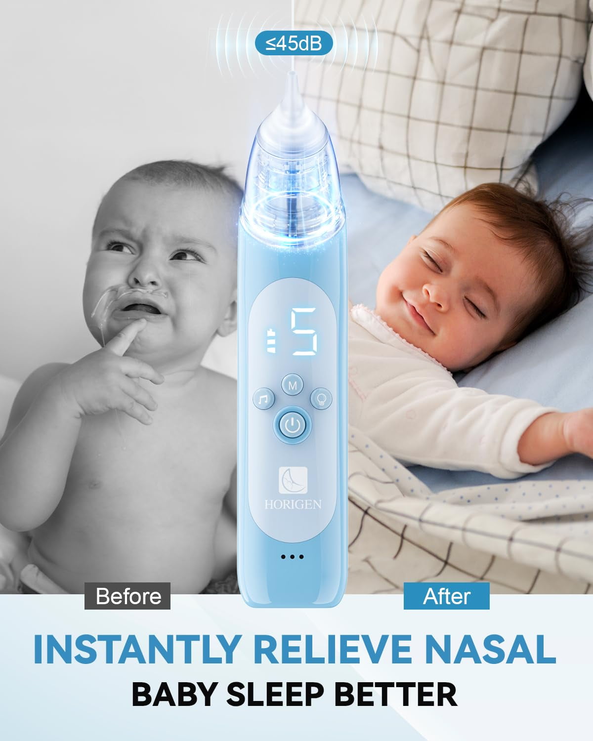 Electric Nasal Aspirator for Baby - 5 Adjustable Suction Levels, USB-C Rechargeable Nose Sucker with 3 Silicone Tips, LED Light & Soothing Music, Baby Mucus Cleaner for Newborns & Toddlers