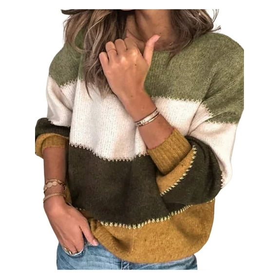 DYMADE Women Plus Size Long Sleeve Striped Gingham Crew Neck Knitting Pullover Plush Sweater Top