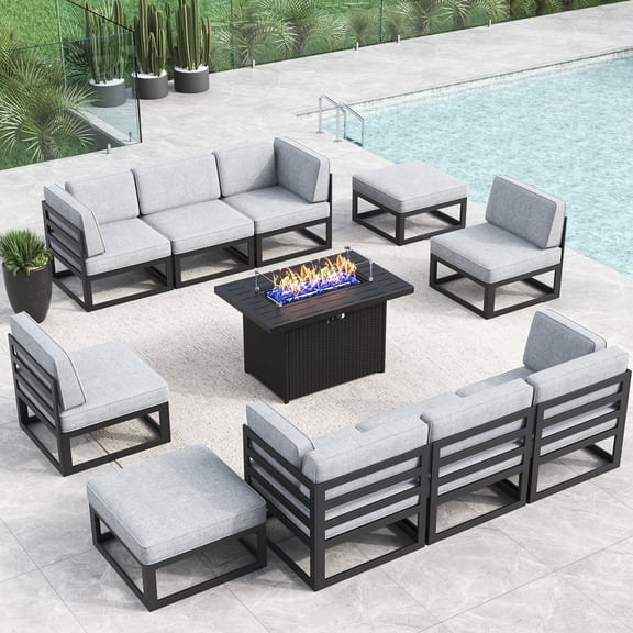 LayinSun Large Aluminum Patio Furniture Set with Fire Pit Table, 11 Pieces Modern Outdoor Conversation Set Sectional Metal Sofa Set with Olefin Cushion