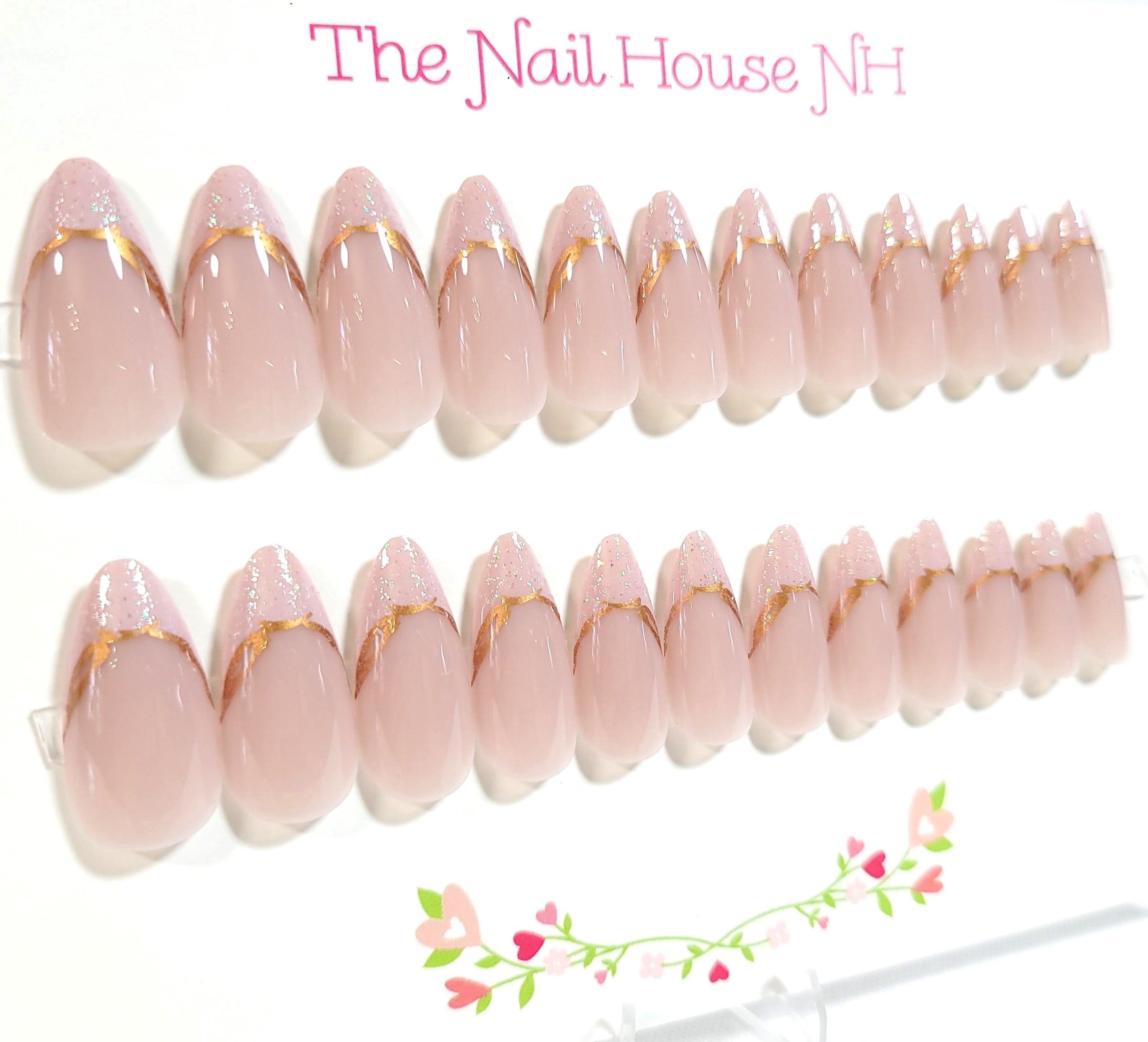 Rose Gold Sparkle French Manicure Glossy Almond Press On Nails and Adjustable Ring Set - Gift Set