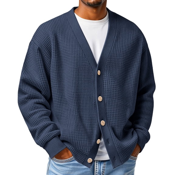 Dresfit Men's Knit Shirt Long Sleeve Waffle Sweaters Button Up Ribbed Knitted Sweater Winter Front V Neck Loose Fit Textured Back To School Pullover Dressy Coat Navy 2XL
