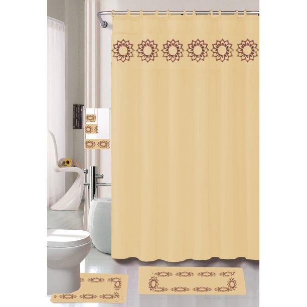 18 Piece Elegant Bathroom Set 2 Rugs Mats 1 Contour Rug 1 Bath Mat Poly Acrylic Pile Rubber Backing 1 Fabric Shower Curtain 12 Fabric Covered Rings 3 Piece Decorative Towel Set Walmart Com Walmart Com