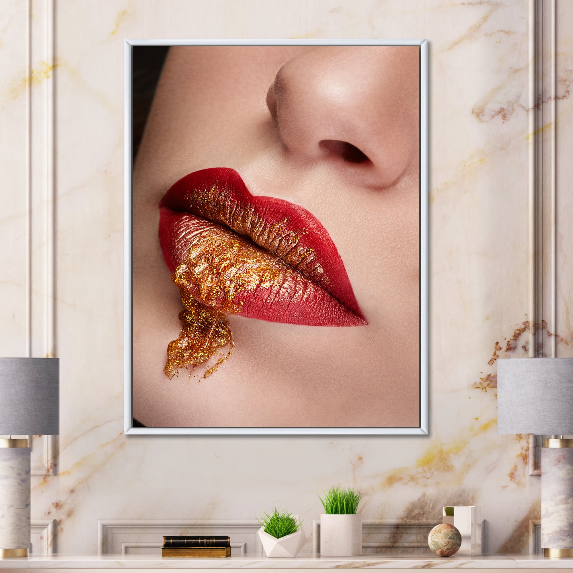 Designart 'Close Up Lips With Gold and Red Make Up' Modern Framed Canvas Wall Art Print
