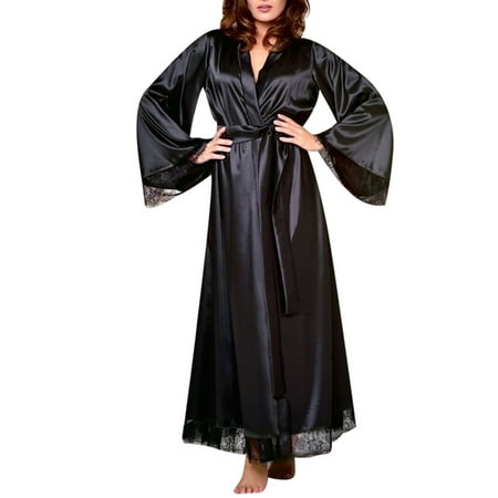 

TANGNADE Vintage Women Long Silk Kimono Dressing Gown Bath Robe Babydoll Lingerie Nightdress
