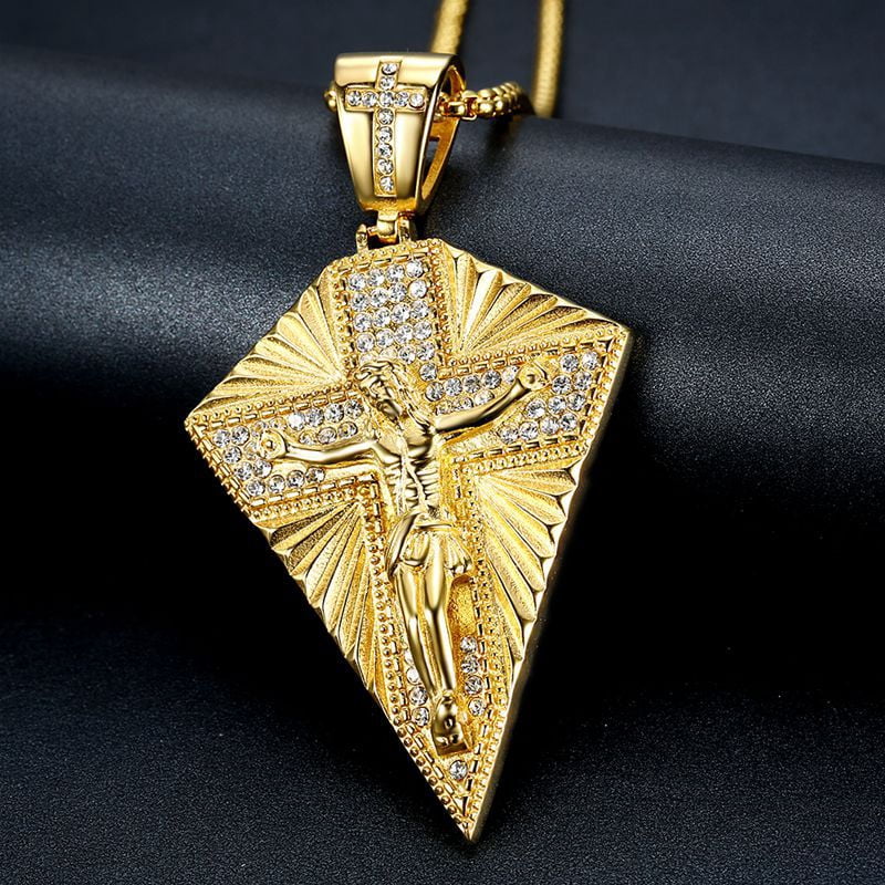 Men's Necklace Big Jesus Cross Pendant & Chain Mens 14K Yellow Gold Crucifix Necklaces Man Iced Out Bling Jewelry