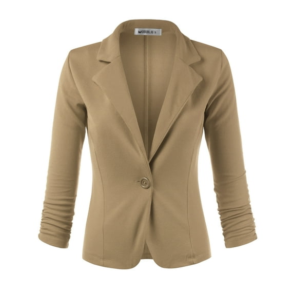 Doublju Women's Casual One Button Cropped Blazer with 3/4 Shirring Sleeve