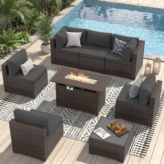 Sunmthink 8-Piece Outdoor Patio Furniture, Patio Furniture Sets with Fire Pit, Wicker Outdoor Conversation Set and Waterproof Cover
