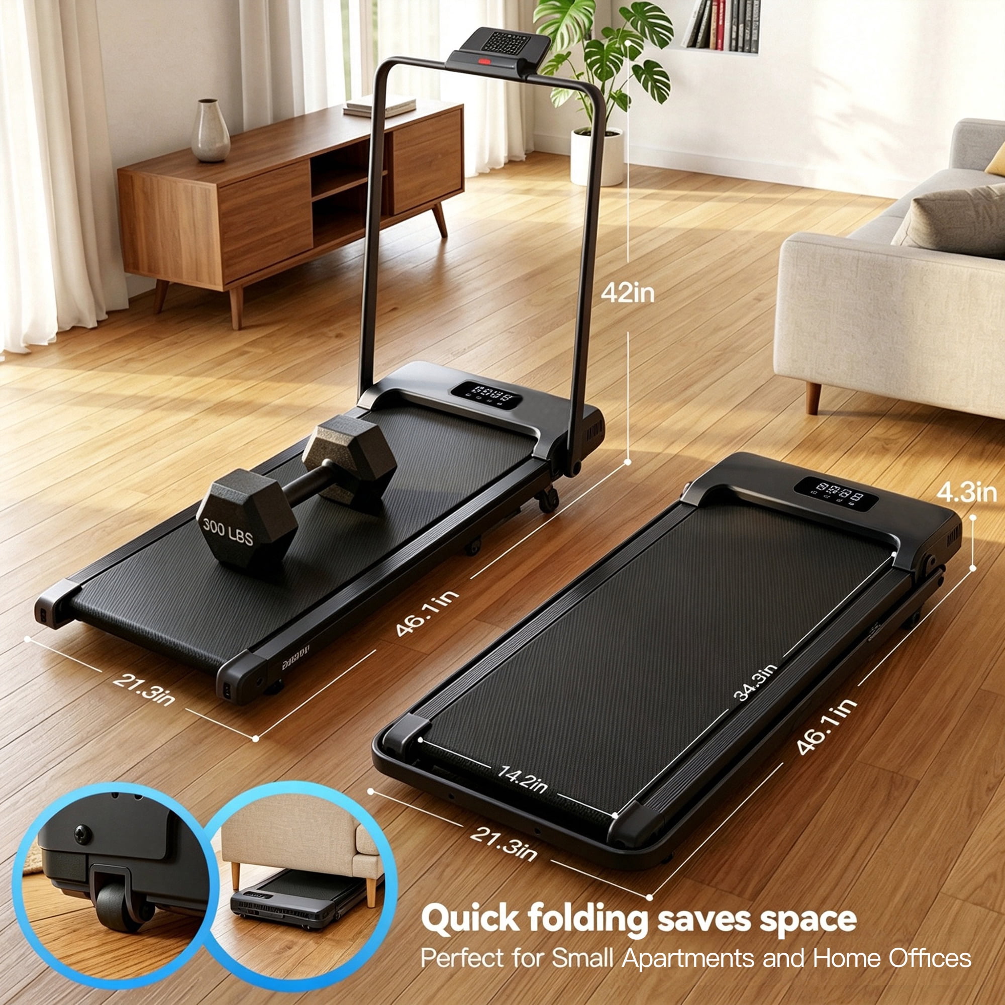 Simpfree Walking Pad with Handle Bar and Adjustable Incline, 2.5HP Portable Under Desk Treadmill for Home Small Space 300 Lbs Capacity，Remote Control and LED Display