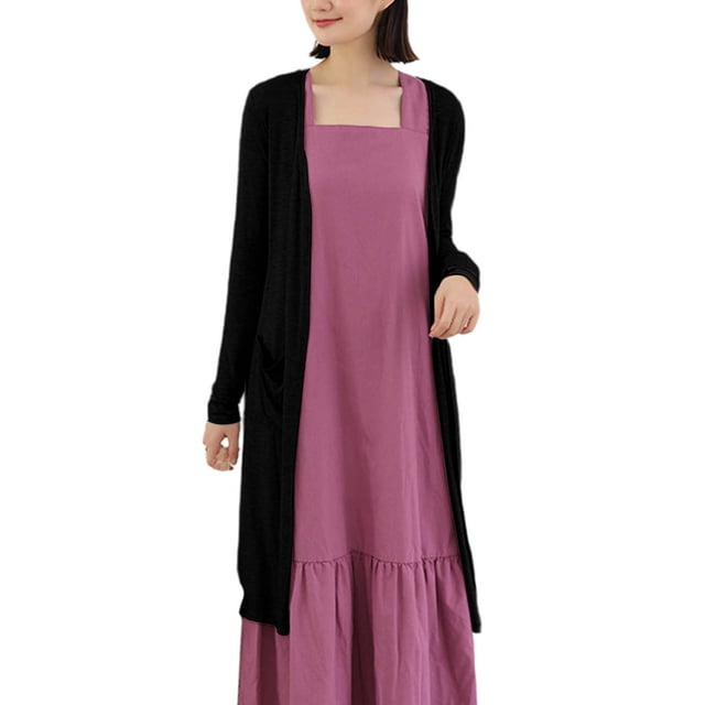 Womens Long Cardigan Light Weight Open-Front Soft Knit Cardigans Long Thin Coat with Pockets Black One Size
