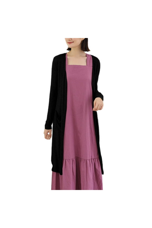 Womens Open Front Lightweight Cardigans Baggy Long Sleeve Vacation Work Outwear Casual Stretch Long Dusters with Pockets(Free Size,Black)