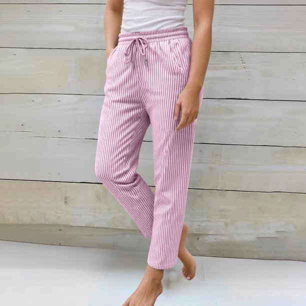WILLBEST Pantalones Casuales de Verano para Mujer, Elásticos, de Cintura Alta, a Rayas, de Lino, con Pierna Ancha, Holgados, para Uso Diario. Chica