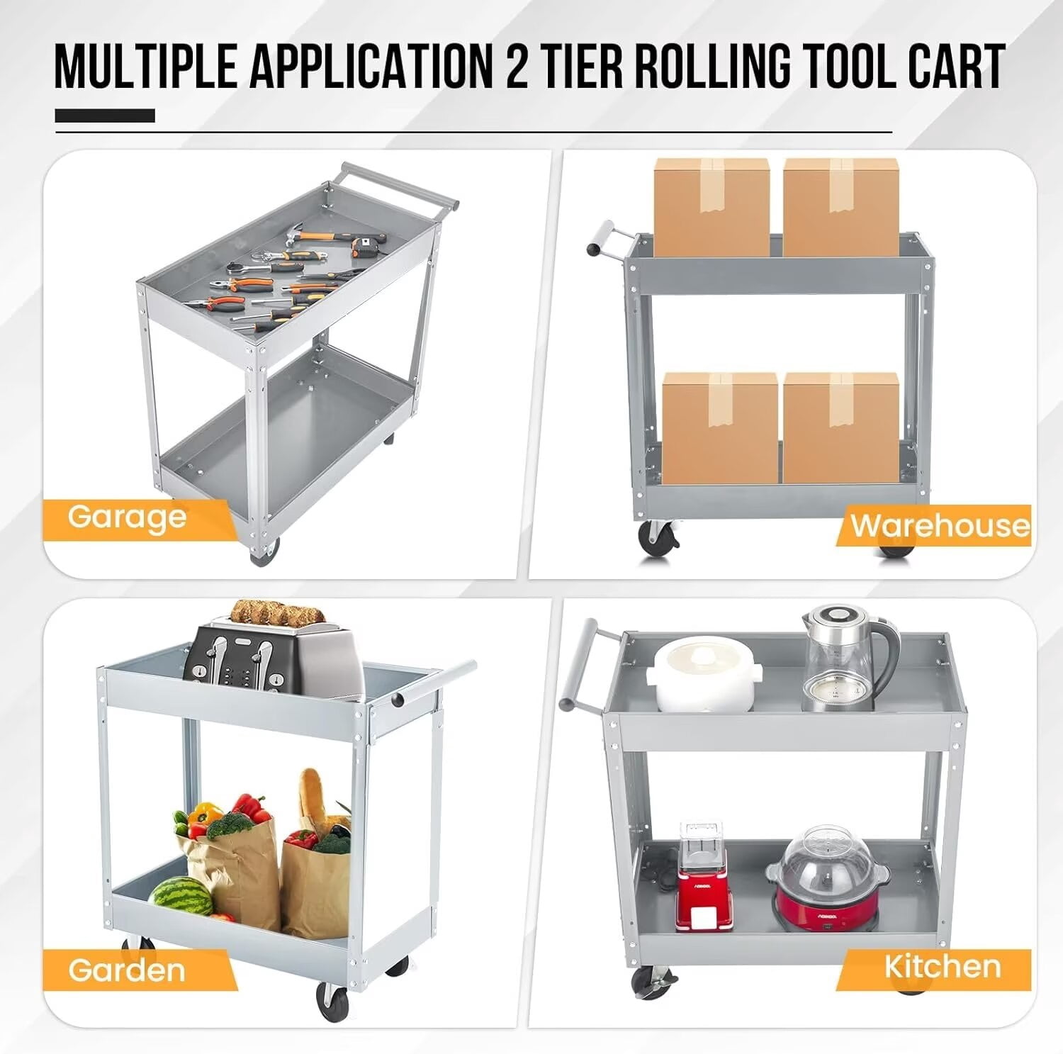 2-Tier Utility Cart, Heavy Duty Steel Rolling Cart, 300lb Multi-Purpose Tool Organizer, Metal Garage Organizer Tool Cart for Warehouse, Garage, Garden, Kitchen