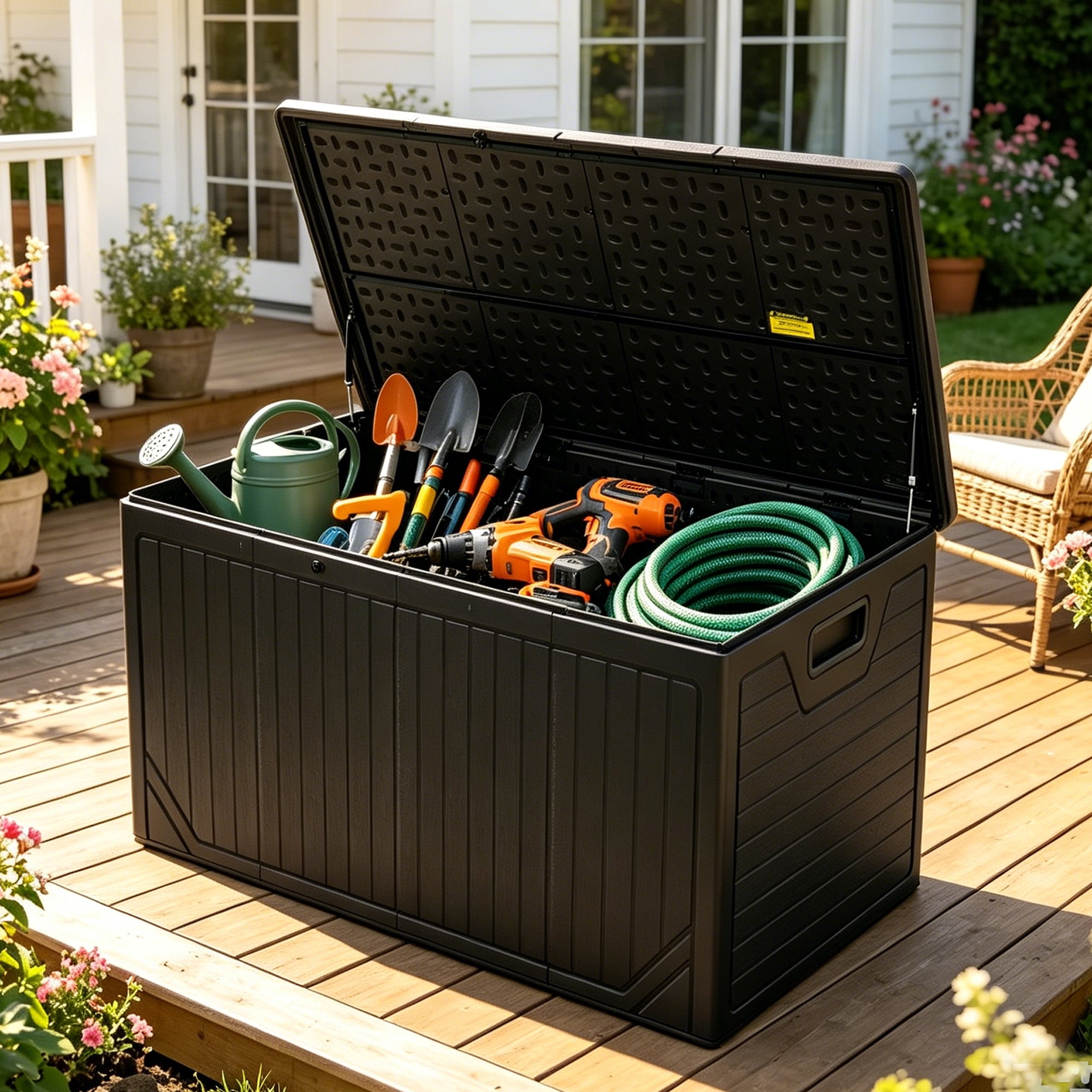 Uforic 300 Gallon Extra Large Outdoor Deck Box, Double-Wall Waterproof Lockable Resin Storage Box, Multipurpose Patio Storage Bin for Garden Tools Pool Supplies, Black