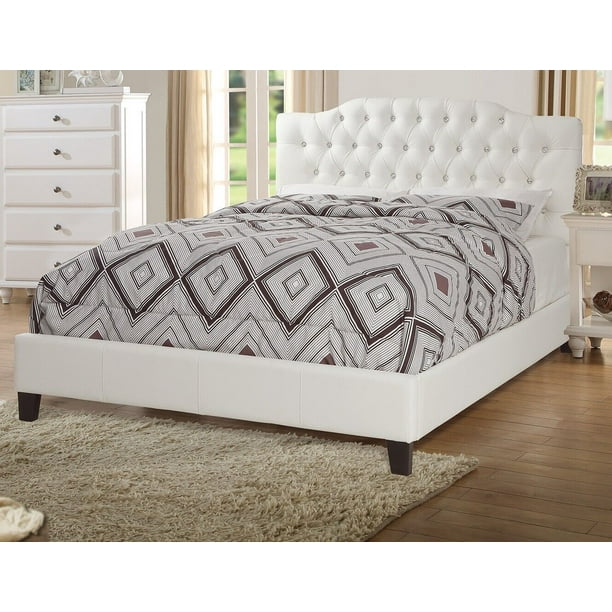 Queen Size Bed White Faux Leather Tufted Upholstered Headboard Platform
