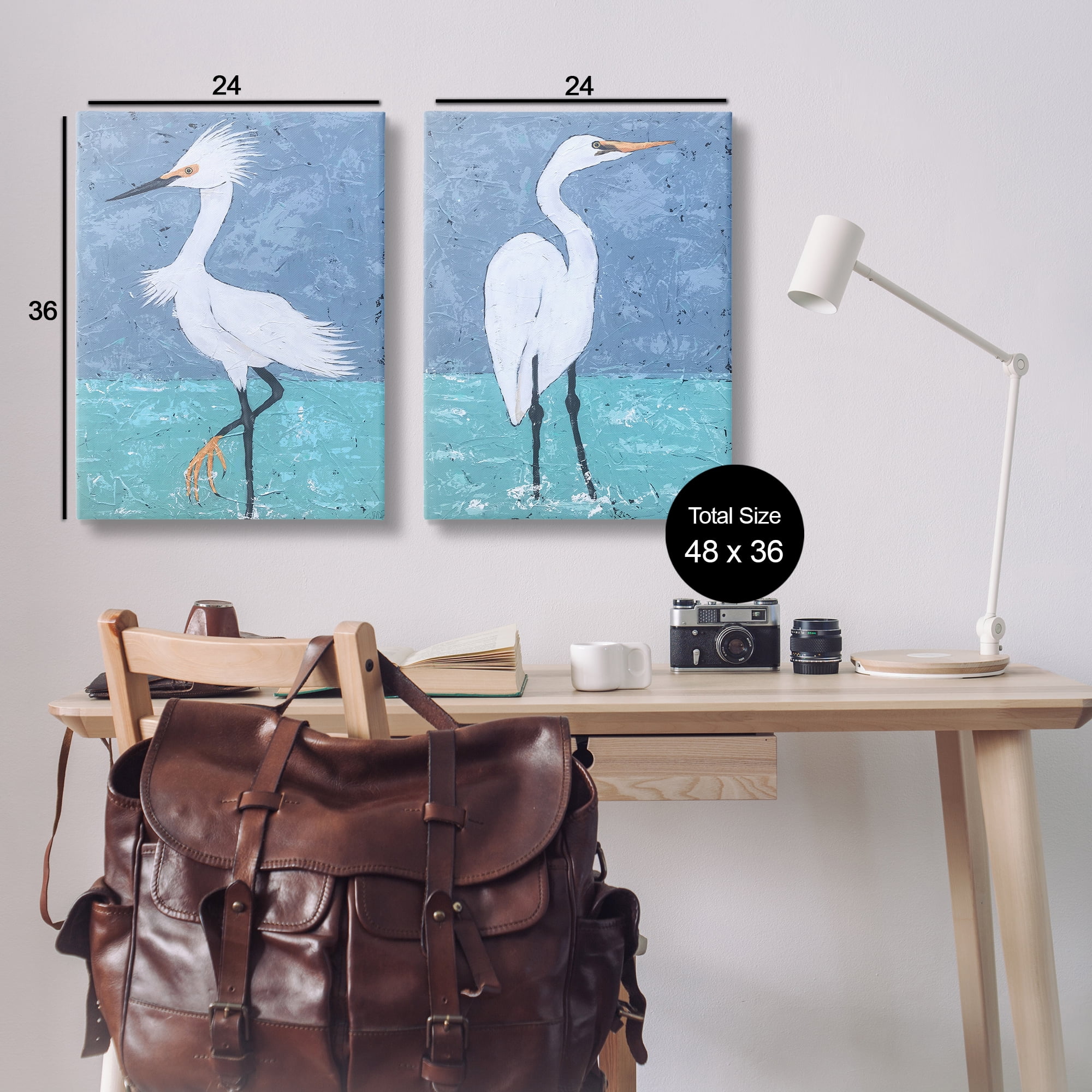 Stupell Industries Snowy Egret Pond Animals Painting Wrapped Canvas Art Print Wall Art, 24 x 36, Set of 2