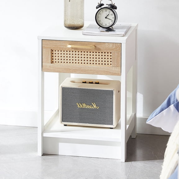 Nightstand,Rattan Small Nightstand for Bredroom, 1 Drawer Storage and Open Shelf Side Table for Bedroom,Living Room,Entryway,White