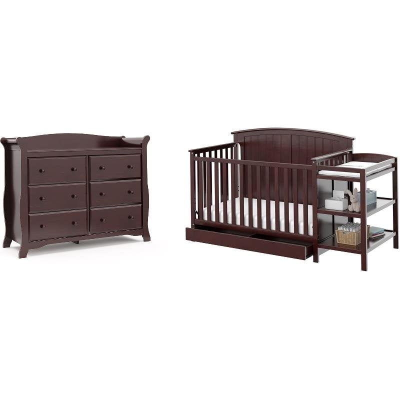 6Drawer Double Dresser with Baby Crib and Changing Table Set in