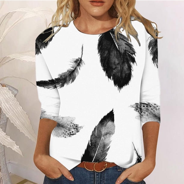 ICHUANYI Clearance Women's Fashion Printed T-shirt 3/4 Sleeves Blouse Round Neck Casual Tops(White, XL) ICHUANYI WER2023081117978
