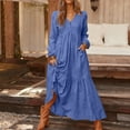 thumbnail image 7 of Women's Maxi Dress Long Sleeve V-Neck Loose Fit Button Down Cotton Linen Retro Swing Dress for Spring Fall Casual Daily Wear,Dark Blue,4XL, 7 of 7