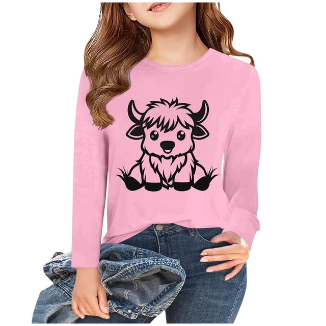 MKOSPLRT Hauts Vache Highland pour Fille Manches Longues T-Shirts Western Col Rond Mignons Chemises Décontractées Blouses Amples 2-15 Ans Cadeaux pour Enfant