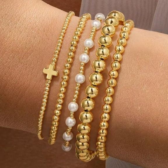 Gold Plated Bead Bracelets Stackable Set, Mix Size Gold Beads & Pearl Cross Stretch Bracelets for Women, Minimalist Layered Jewelry Gift