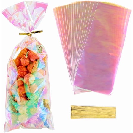 100Pcs 4 x 10 Inch Cellophane Bags Clear bags with Ties Holographic Iridescent Pink Plastic Favor Pouch for Party Gifts Wedding Candy Popcorn Cookies Packing Valentine Snack Packet Colorful DIY