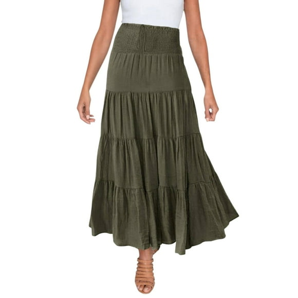 Fvwitlyh Ladies Skirts Women's Summer Elastic High Waist Boho Maxi Skirt Casual Drawstring A Line Long Skirt Army Green,L