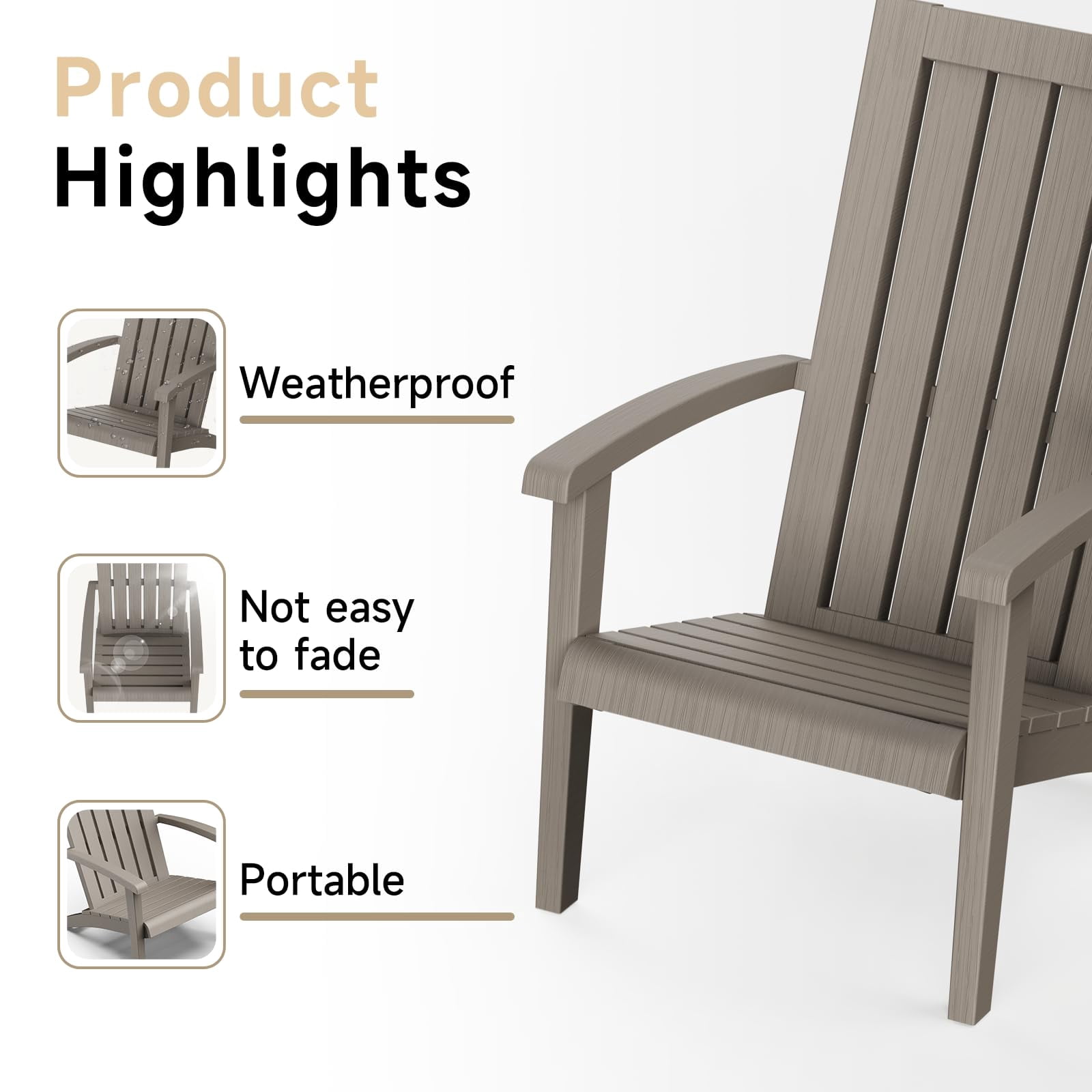 EasyUp All-Weather Resin Adirondack Chair with Wooden Texture and Cup Holder for Outdoor Deck, Backyard, Patio & Garden