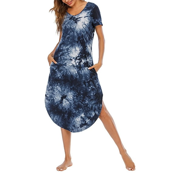 XBASW Women's Cotton Nightgowns V Neck Nightshirt Short Sleeve Pjs Dress Womens Loose with Pocket Sleepwear for Summer S-XXL