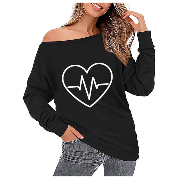 Vrorvz Women Off the Shoulder Sweatshirt Heart Printed Long Sleeve Blouse Trendy Casual Pullover Tops