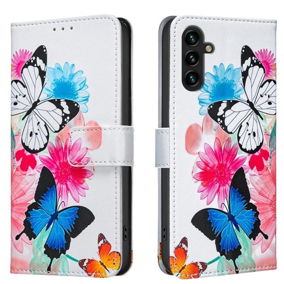 Leather For Samsung Galaxy A17 5G 6.7-inch Wallet Case Butterflys&Flowers, With Card Holder,Wristband,Magnetic Clasp Kickstand Folio Cover,Color-1,For Galaxy A17 5G