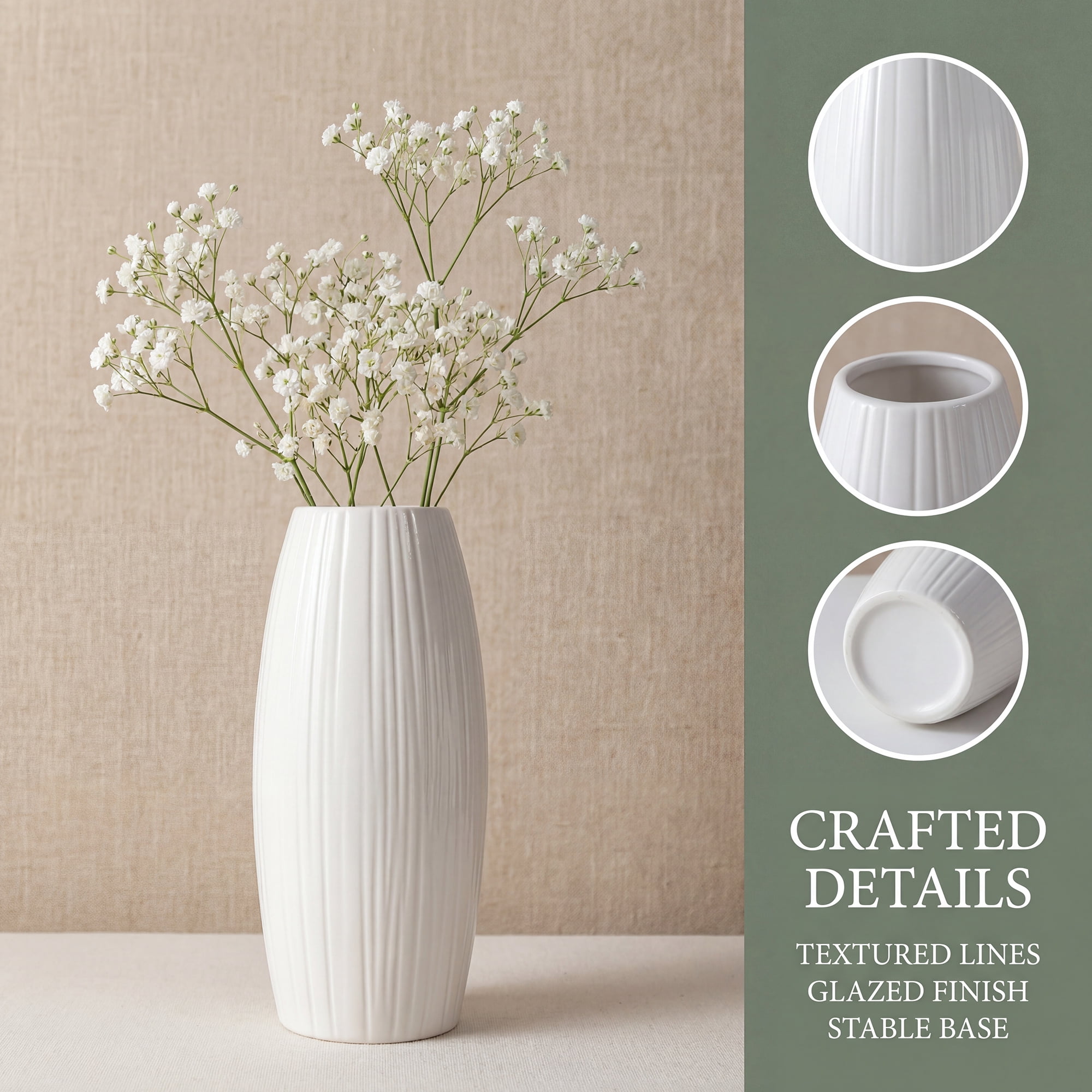 Unique Bargains Modern Decor Tall Ribbed Flower Vase Bright White 4.1" x 4.1" x 8.7"