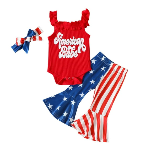 TOWED22 4th of July Baby Girl Outfit Toddler Memorial Day Clothes T-Shirt Top American Flag Shorts with Headband,12-18 Months