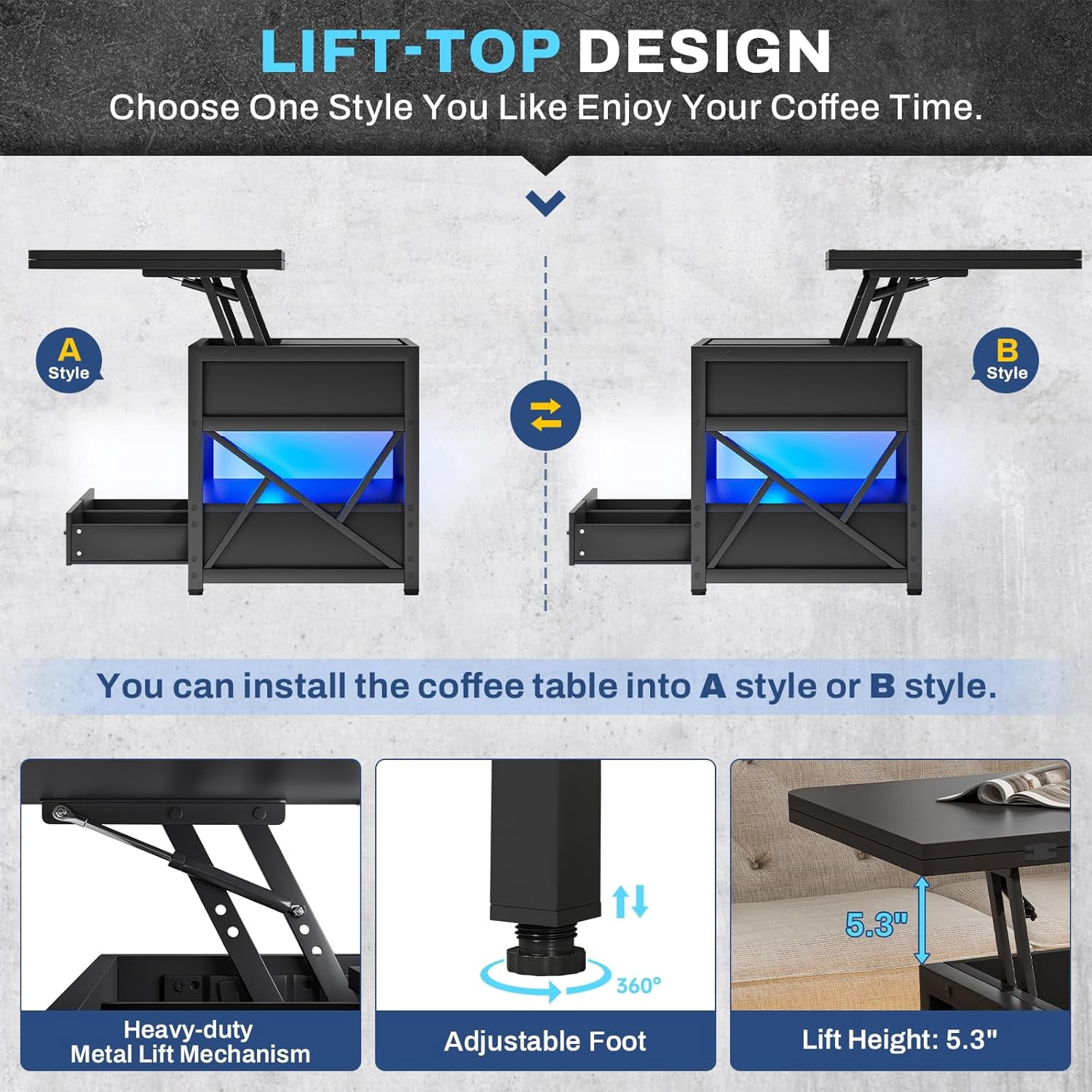 40" Lift Top Coffee Table, 4 in 1 Coffee Tables with Storage for Living Room, Small Farmhouse Coffee Table with 2 Drawers & LED Light for Dining Reception Room, Black
